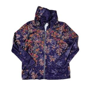 Floral Zip-Up Hoodie Jacket - Purple with Pink & Orange Flowers